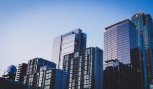 A skyline of tall glass office buildings 