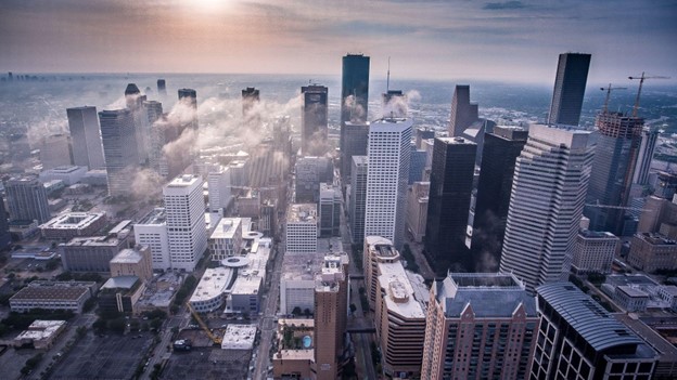 An aerial view of a skyscraper commercial district Merchant Cash Advances