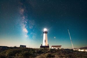 A lighthouse lit against the night sky