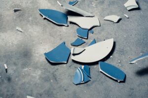 A smashed plate on the floor T-bills