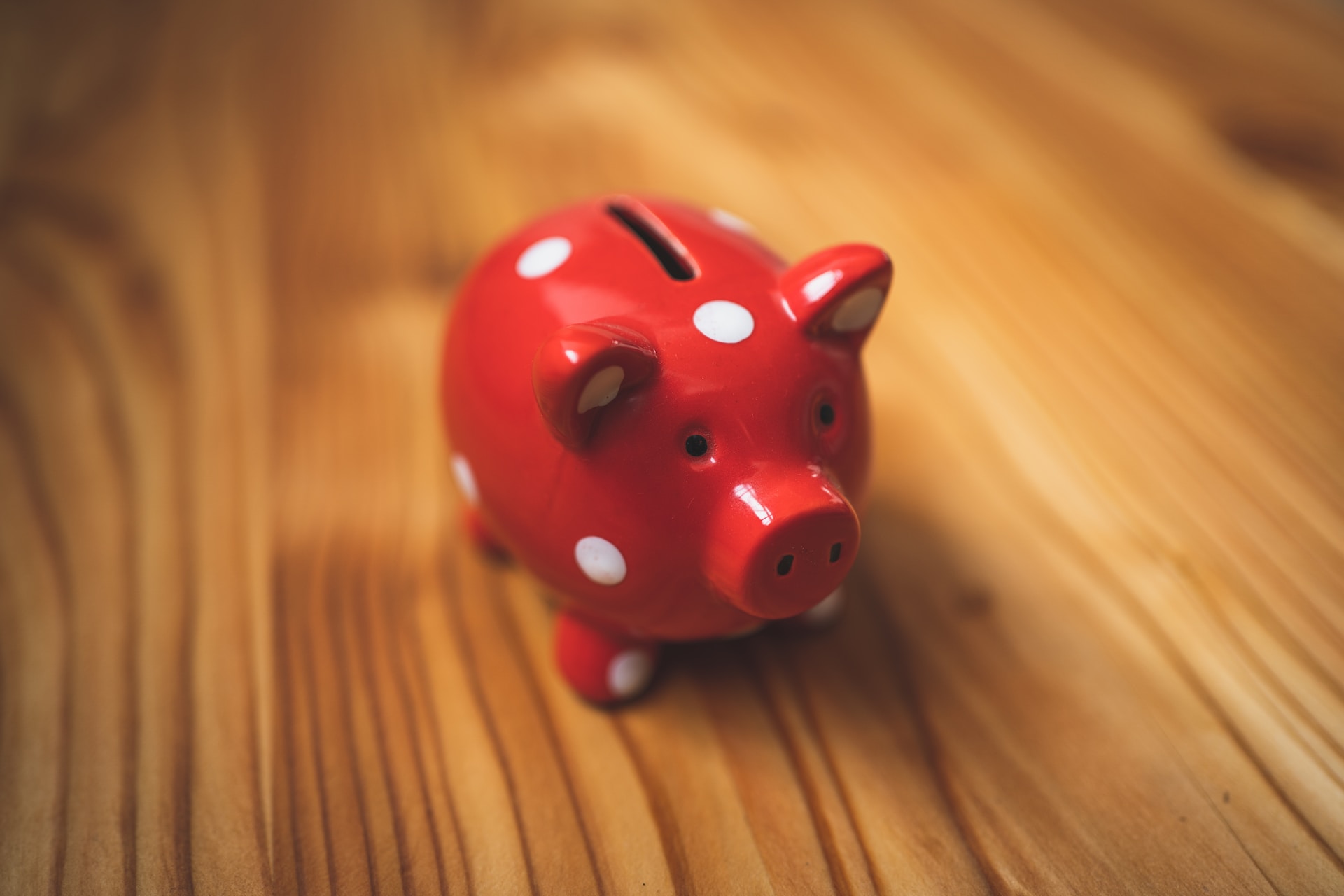 Red Piggy Bank on desk. Short-Term Notes