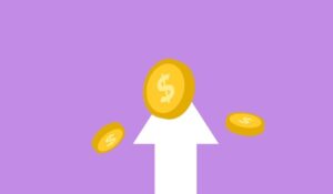 Digital rendering of a white arrow on a purple background with golden dollar coins Investment Strategy