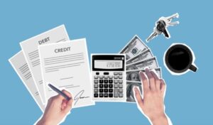 Person signing loan agreement next to a calculator and dollar bills. Investment Forecast