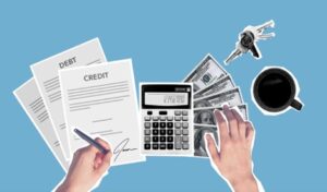 Person signing loan agreement next to a calculator and dollar bills.  Investment Forecast