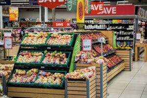 Interior of a Grocery Store showing fruits and vegetables.  Consumer