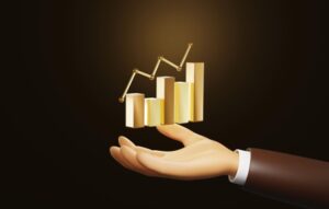Digital rendering of a hand holding a golden bar graph for ‘Diversification Beyond the Mainstream- Alternative Investments for Accredited Investors’