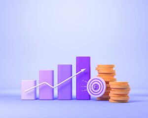 Digital images of bar charts and coins in purple for ‘Best Alternative Investments for Wealth Preservation and Growth’